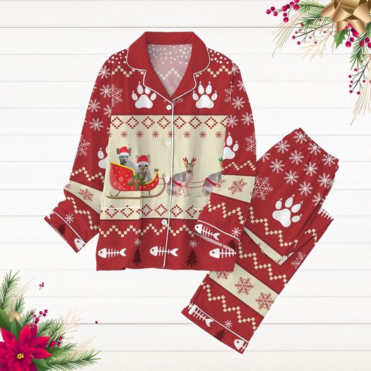 Discover Christmas Sphynx Cat Pajamas Set, Merry Catmas Holiday Pajamas, Meowy Christmas Shirt, Pet Lover Xmas Pjs, Cat Mom Gift, New Year Shirt