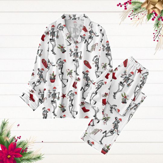 Christmas Dancing Skeleton Pajamas Set, Skeleton Xmas Lights Shirt, Santa Hat Skull Holiday Pjs, New Year Shirt, Christmas Party Gift