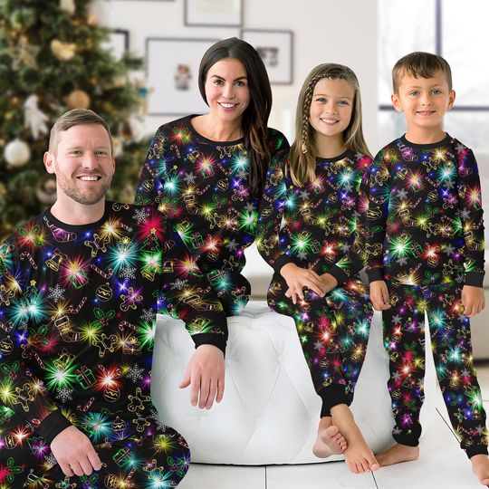 Discover Festive Lights Long Sleeve Pajamas Set, Cozy Christmas Pajamas Family, Holiday Matching Pajamas, Xmas Gift