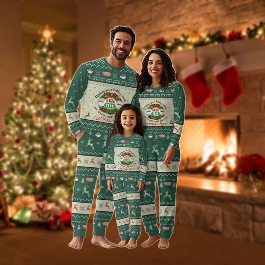 Central Perk Friends Family Pajamas, Matching Christmas Sleepwear Set, Green Holiday Loungewear Outfit, Friends TV Show Inspired Pjs