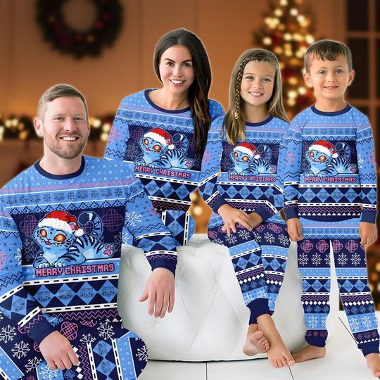 Discover Blue Tiger Family Pajamas Set, Christmas Gift For Her, Demon Tiger Fan Gift, Holiday Gift for Kid Adult, Blue Tiger Matching Pajamas