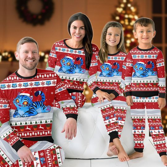 Discover Blue Tiger Family Pajamas Set, Demon Tiger Fan Gift, Christmas Gift For Her, Holiday Gift for Kid Adult, Blue Tiger Matching Pajamas