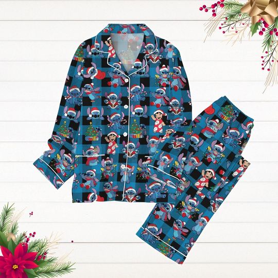Discover Lilo And Stitch Christmas Pajamas Set, Merry Stitchmas Pajamas, Disney Cartoon Movie Holiday Pajamas, Disneyland Family Trip Gift