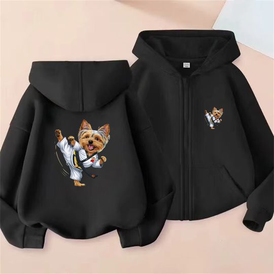 Yorkshire Terrier Martial Arts Print Zipper cardigan boy tops Children Coat Hoodies garment Girls Hoodie black autumn clothing