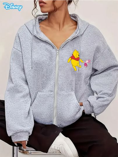 Discover Disney Women'S Cozy Fleece Hoodie with Winnie the Pooh Piglet Design Gray Zip-Up Long Sleeve Pullover