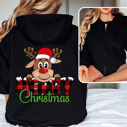 Zipper Hoodie Merry Christmas Reindeer Print Women Men Oversize Hoodies Coat Tops Femme Zip Sweatshirts Christmas Party Jackets
