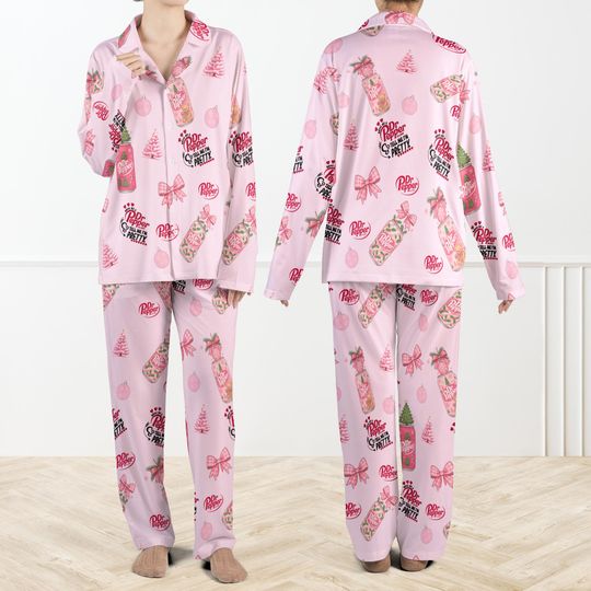 Dr Pepper Christmas Pajamas Set For Women, Pink Holiday Soda PJs, Cute Dr Pepper Sleepwear, Festive Pink Xmas PJs, Funny Christmas PJs Gift