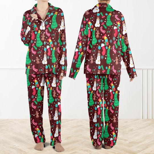 Naughty Christmas Satin Pajamas Set For Women And Kids, Brown Holiday PJs,Gingerbread & Snowman Print Sleepwear,Festive Xmas Tree Loungewear