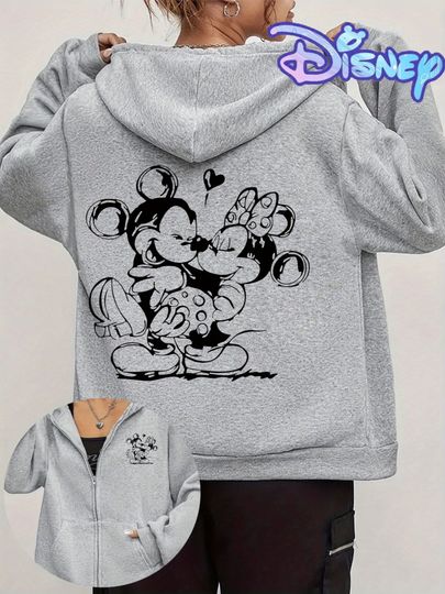 Discover Women's Disney Mickey & Minnie Mouse Couple Print Zipper Hooded Sweatshirt with Pocket Grey Cartoon Pullover