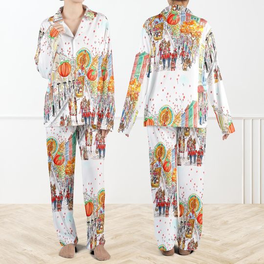 Thanksgiving Day Parade Silky Satin Pajama Set For Women And Kids, Fall Sleepwear Women, Pumpkin Balloon PJs, Autumn Parade Pajama Set