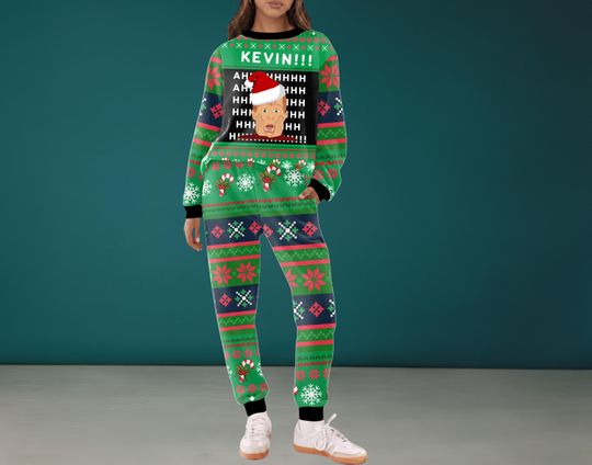 Home Alone Christmas Pajamas Set For Family, Funny Christmas Loungewear, KEVIN Ugly Xmas Sweat Suit, Holiday Movie PJs, Retro Christmas Gift