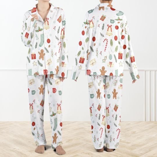 Discover Christmas Planner Silky Satin Pajama Set For Women And Kids, Cute Holiday PJs Women, Gingerbread & Stocking PJ Suit, Cozy Winter Sleepwear