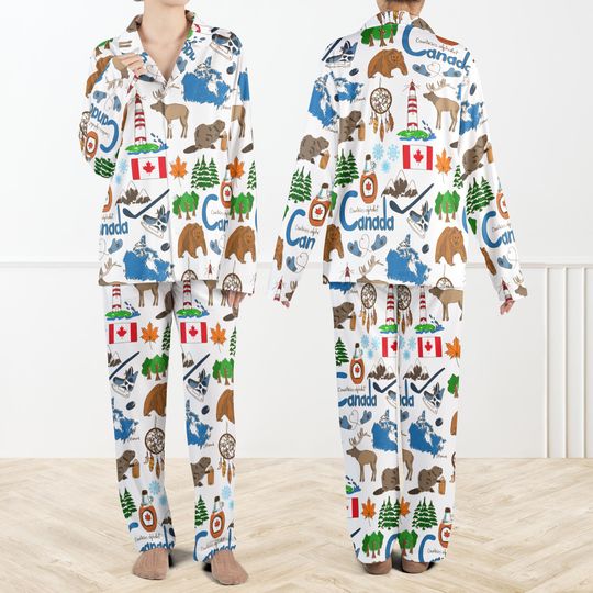 Discover Canada Print Pajamas Set For Women And Kids, Maple Leaf Moose Print PJs, Canadian Themed Sleepwear for Women, Canada Gift Loungewear