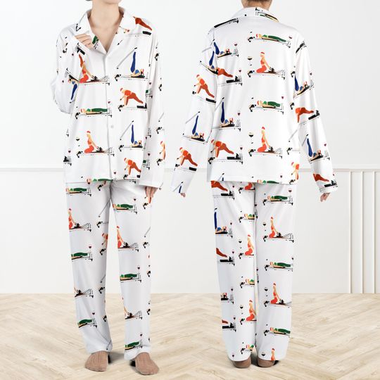 Pilates Alcohol Girl Christmas Silky Satin Pajama Set For Women, Funny Workout PJs Women, Reformer Pilates Sleepwear, Wine Lover Pajama Set