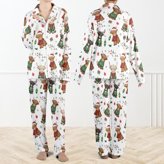 Discover Christmas Highland Cow Silky Satin Pajama Set For Women And Kids, Highland Cow Xmas PJs, Holiday Winter Sleepwear,Festive Cartoon Loungewear