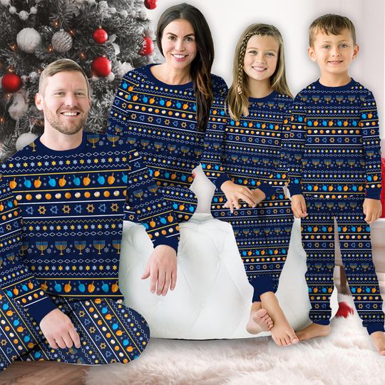 Traditional Hanukkah Pajamas Set, Menorah, Dreidel Jewish Holiday Matching Long Sleeve Two Piece, Family Chanukah Loungewear Set