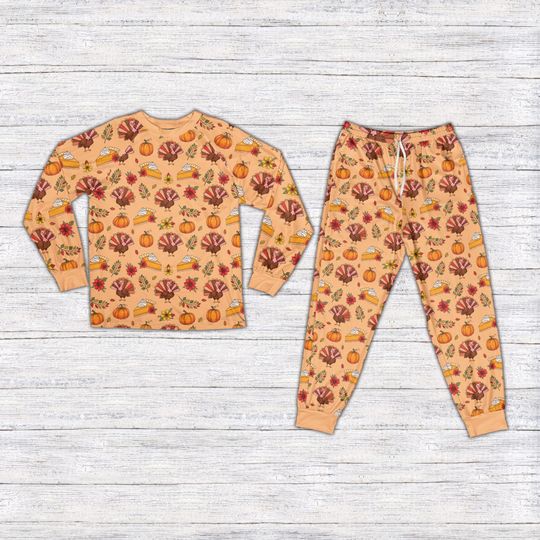 Cozy Vibes Thanksgiving Pajamas, Turkey Pumpkin Pie Long Sleeve Two Piece Pajama, Cute Fall Pumpkin Season Loungewear, Thankful Gift