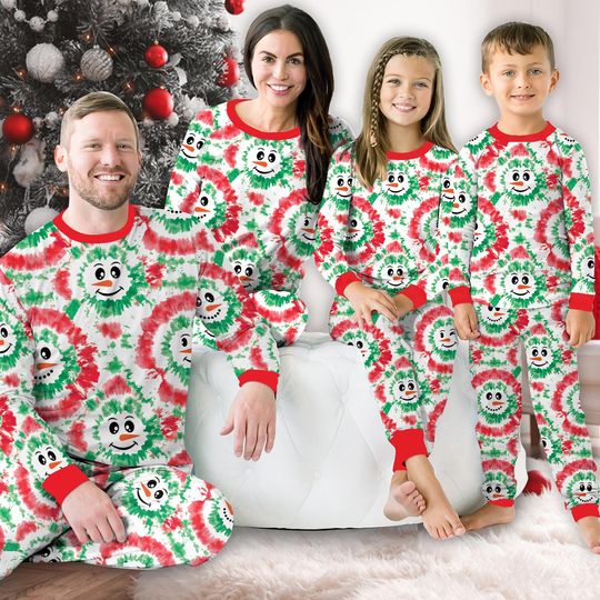 Tie Dye Christmas Pajamas Set, Festive Snowman Merry Christmas Matching Long Sleeve Two Piece, Funny Family Xmas Loungewear Set