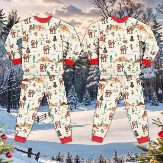 Retro Western Christmas Pajamas Set, Cowboy Santa Christmas Long Sleeve Two Piece Pajama, Funny Howdy Christmas Holiday Family Pajamas Set