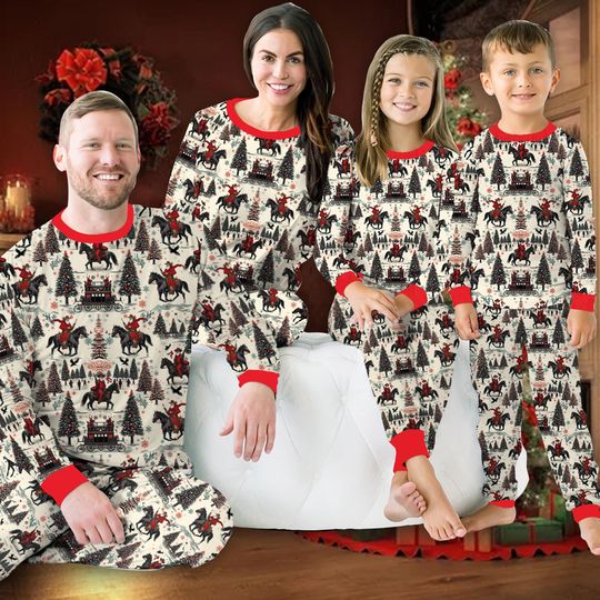 Cowboy Santa Christmas Pajamas Set, Western Christmas Matching Long Sleeve Two Piece, Christmas Loungewear, Western Howdy Xmas Pajamas