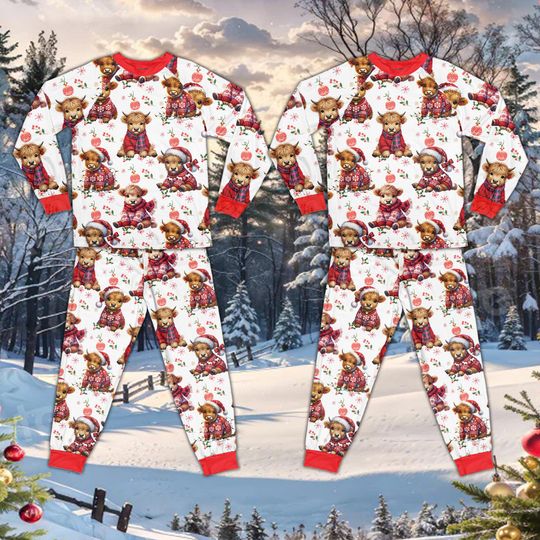 Discover Cute Highland Cow Christmas Pajamas Set, Heifer Christmas Matching Long Sleeve Two Piece, Christmas Loungewear, Festive Xmas Cow Pajamas