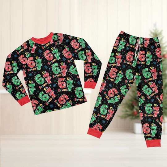 Discover Six Seven Christmas Pajamas Set, Santa 67 Meme Holiday Pajama Set, Six Seven 67 Christmas Lights Pajamas, Trendy Xmas Matching Sleepwear