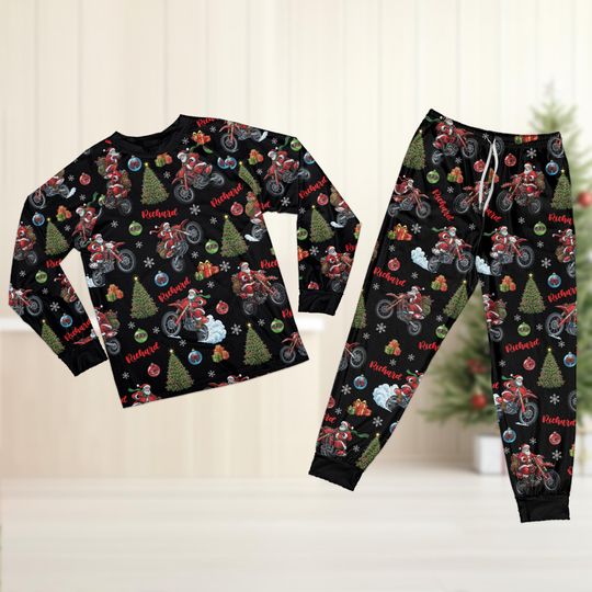 Discover Custom Name Santa Motorcycle Christmas Pajamas, Personalized Dirt Bike Christmas Sleepwear, Biker Santa Holiday PJs, Racing Lover Xmas Gift
