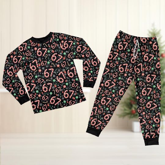 Discover 67 Candy Cane Christmas Pajamas Set, Funny Six Seven Meme Christmas Sleepwear, Trending 67 Christmas Pajama Set, Xmas Gift for Meme Lovers