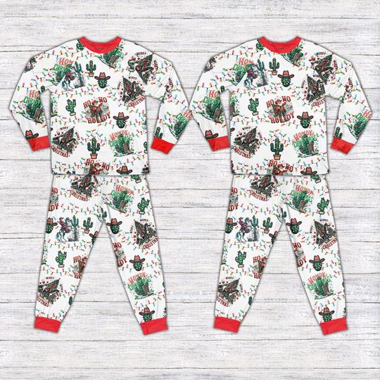 Western Cowboy Christmas Pajamas Set, Howdy Christmas Matching Long Sleeve Two Piece, Christmas Loungewear, Cowboy Santa Pajamas Set