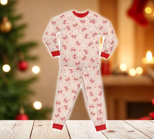 Discover Coquette Bow Christmas Pajamas Set, Candy Cane Christmas Long Sleeve Two Piece Pajama, Retro Xmas Tis The Season, Holiday Family Pajamas Set