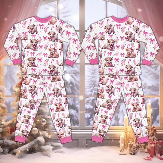 Discover Pink Heifer Christmas Pajamas Set, Cute Highland Cow Winter Long Sleeve Two Piece Pajama, Pink Coquette Christmas Holiday Family Pajamas Set
