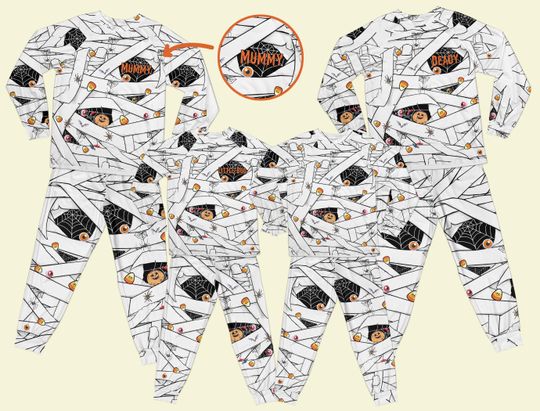 Discover Custom Name Halloween Pajamas Set, Personalized Spooky Season Mummy Long Sleeve Two Piece Pajama, Family Matching Trick Or Treat Loungewear