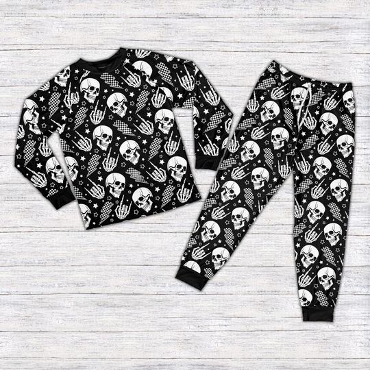Spooky Dude Halloween Pajamas, Kid Checkered Skull Long Sleeve Two Piece Pajama, Lightning Bolt Pajamas, Spooky Groovy Boy Loungewear