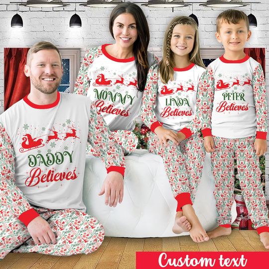 Discover Believes Christmas Pajamas Set, Family Matching Long Sleeve Two Piece Christmas Loungewear Set, Santa Sleigh Christmas Party Gift