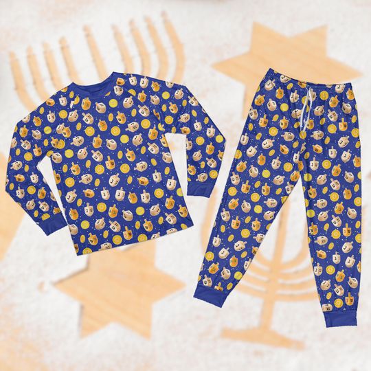 Dreidel Chanukah Traditional Pajamas Set, Dreidel Jewish Holiday Matching Long Sleeve Two Piece, Matching Family Hanukkah Loungewear Set