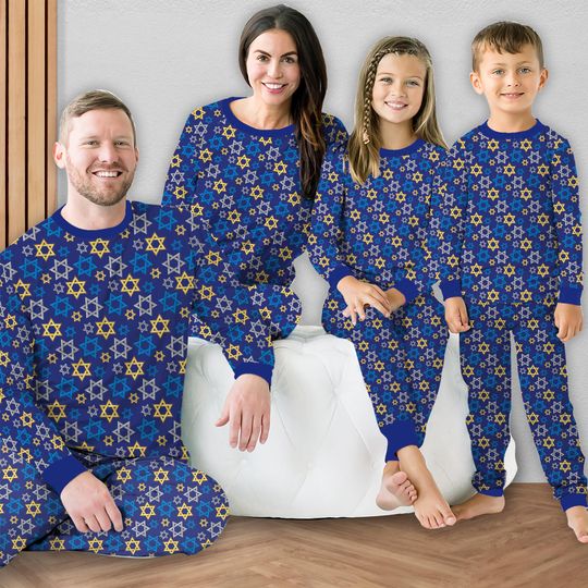 Traditional Hanukkah Pajamas Set, Star Of David Jewish Holiday Matching Long Sleeve Two Piece, Matching Family Chanukah Loungewear Set