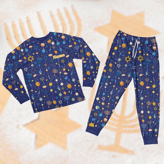 Custom Name Chanukah Pajamas, Menorah, Dreidel, Star of David Jewish Holiday Long Sleeve Two Piece Pajama, Matching Happy Hanukkah Gift