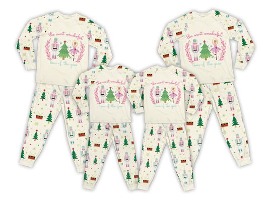 Cute Nutcracker Christmas Pajamas Set, The Most Wonderful Time Of The Year, Long Sleeve Two Piece Pajama, Pink Nutcracker Family Pajamas Set