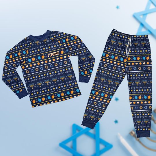Custom Name Chanukah Pajamas, Menorah, Dreidel, Star of David Jewish Holiday Long Sleeve Two Piece Pajama, Happy Hanukkah Loungewear Gift