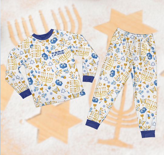Custom Hanukkah Pajamas, Jewish Holiday Long Sleeve Two Piece Pajama, Happy Hanukkah Loungewear, Chanukah, Menorah, Dreidel, Star of David