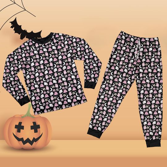 Discover Girly Halloween Pajamas, Pink Boo Halloween Long Sleeve Two Piece Pajama, Trick Or Treat Skull Pajamas, Floral Black Cat Spooky Loungewear