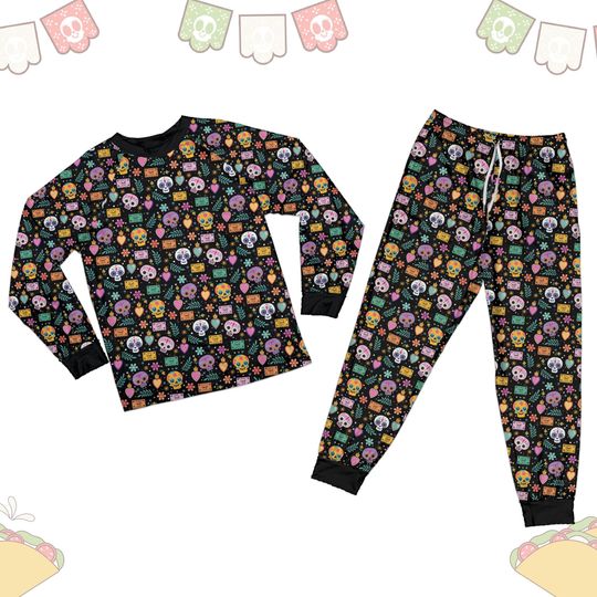 Cute Day Of The Dead Pajamas, Floral Sugar Skull Mexican Halloween Long Sleeve Two Piece Pajama, Mexico Festival Da de Muertos Loungewear