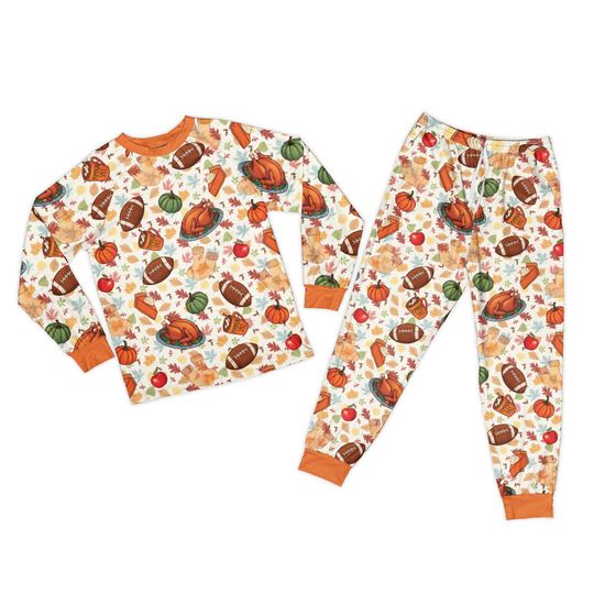 Thanksgiving Football Pajamas, Pumpkin Pie Long Sleeve Two Piece Pajama, Cozy Season Pajamas, Turkey and Touchdown Gift, Tis The Season