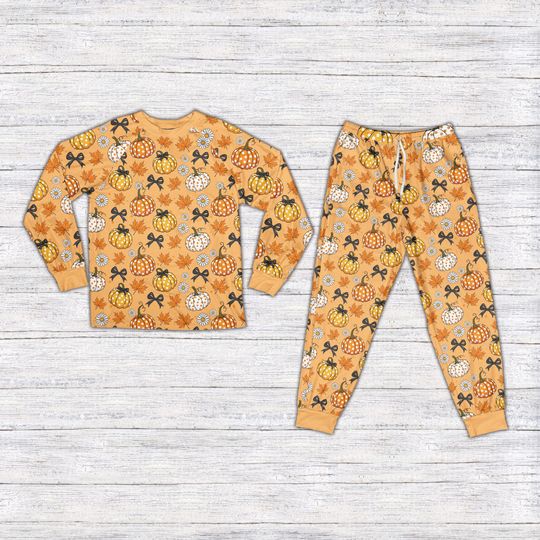 Fall Coquette Pumpkin Pajamas Set, Polka Dot Fall Bows Cozy Season Long Sleeve Two Piece Pajama, Girly Fall Pajamas, Autumn Loungewear Gift