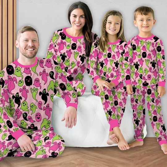 Pink Boo Ghost Halloween Pajamas Set, Halloween Skeleton Long Sleeve Two Piece Pajama, Funny Boo Lover Pajamas, Spooky Ghost Loungewear Gift