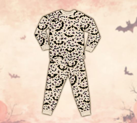 Glitter Bat Halloween Pajamas Set, Retro Bats Long Sleeve Two Piece Pajama, Girly Bat Lover Pajamas, Spooky Season Loungewear Gift
