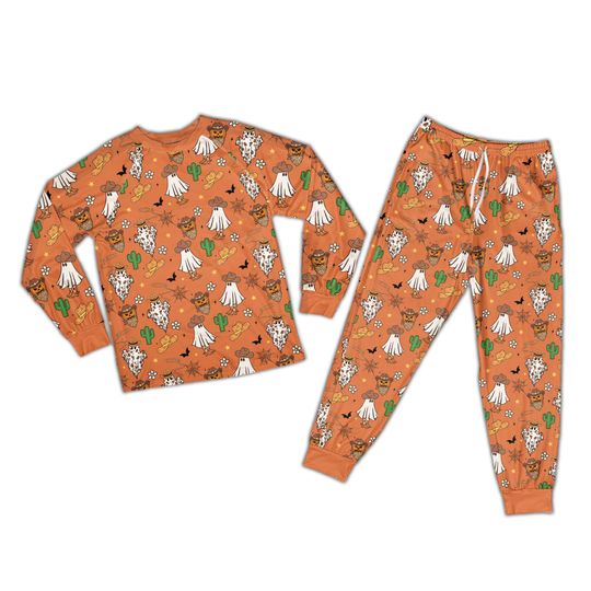 Western Boo Halloween Pajamas Set, Boo Haw Long Sleeve Two Piece Pajama, Funny Cowboy Lover Pajamas, Spooky Cowboy Ghost Cowboy Loungewear