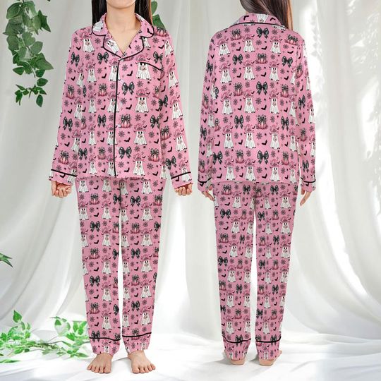 Lace Coquette Boo Satin Pajamas, Cute Halloween Home Wear Pajamas Set, Trick Or Treat Halloween Boo Ghost, Spooky Season Gift