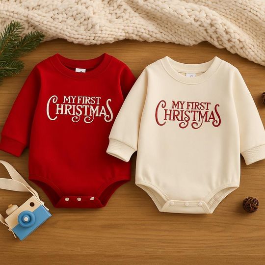 Discover Baby Christmas Romper | My First Christmas Outfit | Unisex Knit Bodysuit | Long Sleeve Newborn Onesie | Holiday Photo Prop | Winter Baby Gif