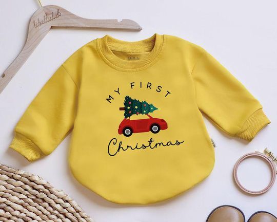 Discover My First Christmas Romper Sweatshirt, Babys First Holiday Outfit,Red Car Christmas Tree Bodysuit, Newborn Winter Pullover, Baby Shower Gift